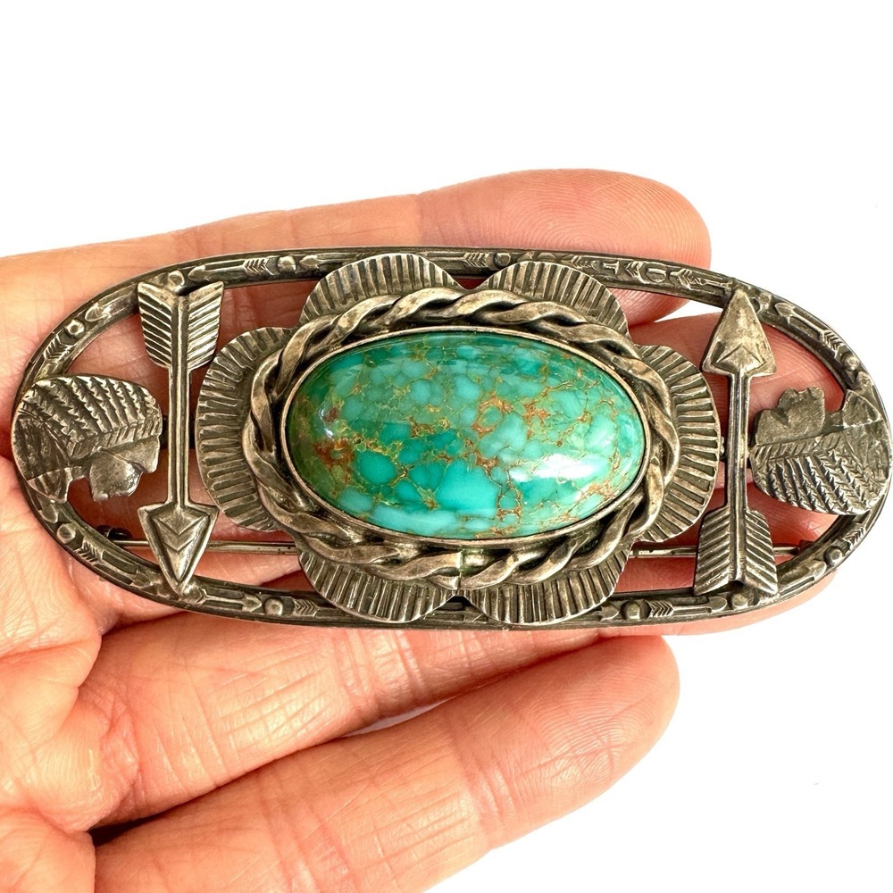 VTG Navajo Chief Pin Turquoise Brooch Sterling Old Pawn 35g BIG Harvey Era